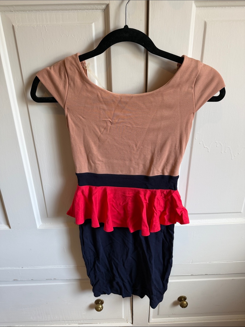 Women's Colorblock Peplum Dress - Tan/Navy with Red Ruffle